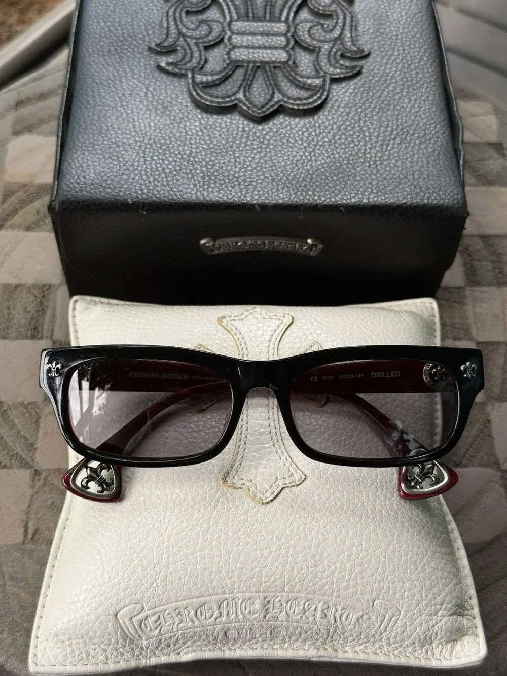 Chrome Hearts DRILLED Black Red Sunglasses Eyewear 53-18-145 w/ Case